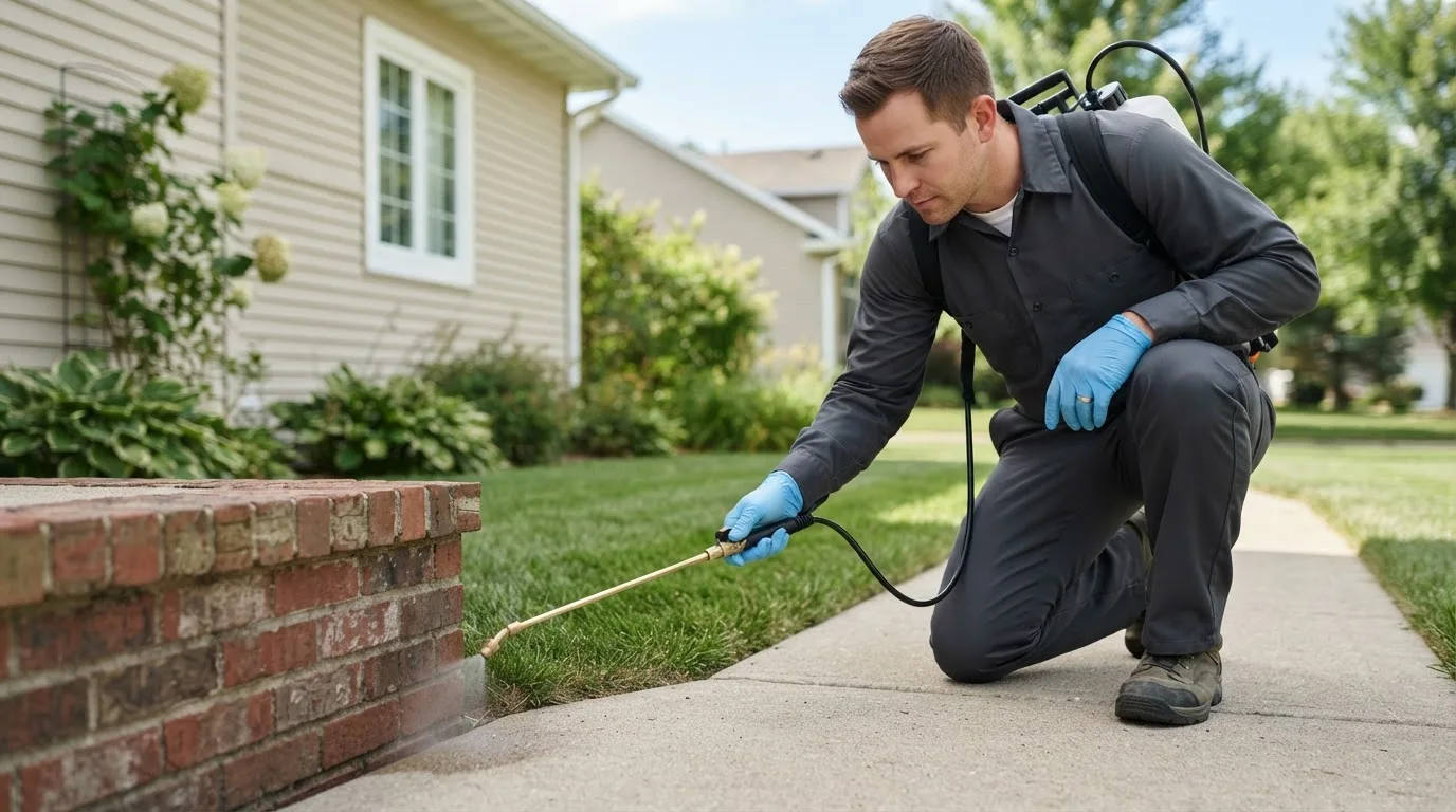 Pest control technician treating a home near Emerado, ND
